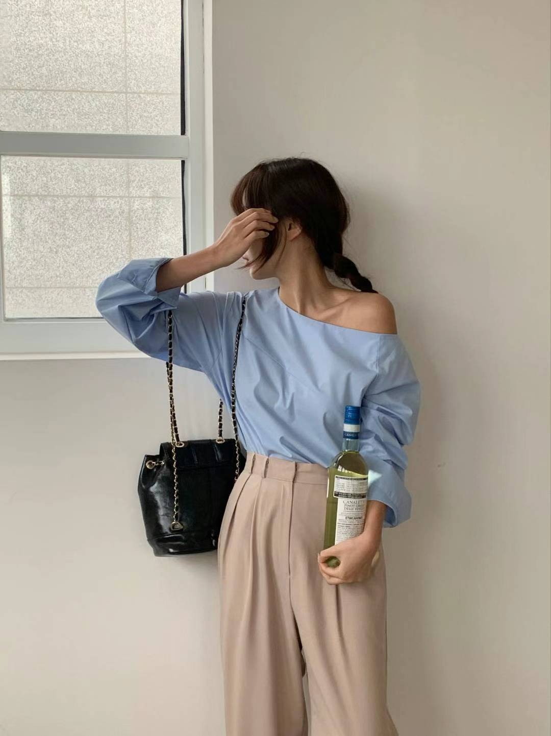 Blue Asymmetric Off Shoulder Shirt