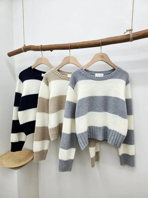 Navy Stripe Round Neck Crop Sweater