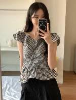 Black Gingham Print Frill Sleeve Top