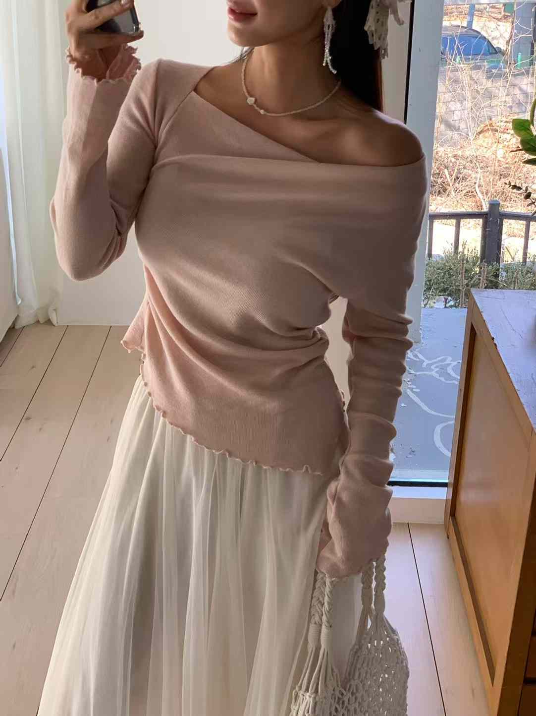 Ribbed Fallen Shoulder Long Sleeve Ruffle Top