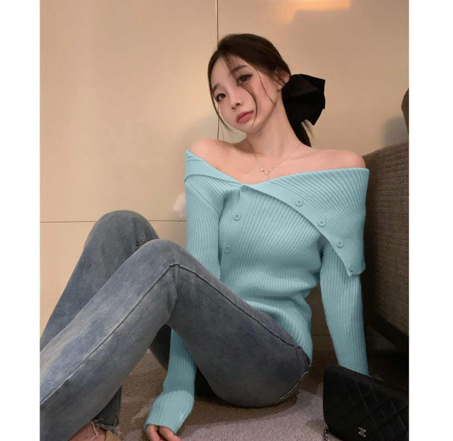 Long Sleeve Big Collar Unbalanced Button Knit