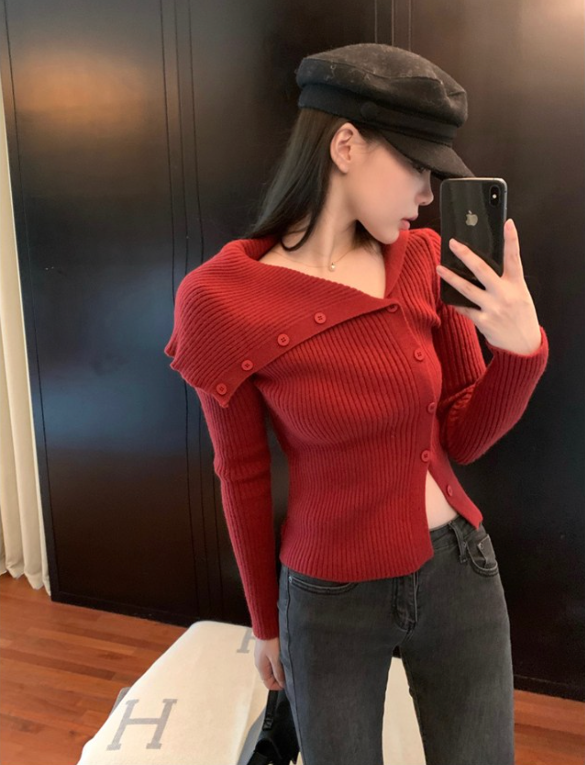 Long Sleeve Big Collar Unbalanced Button Knit