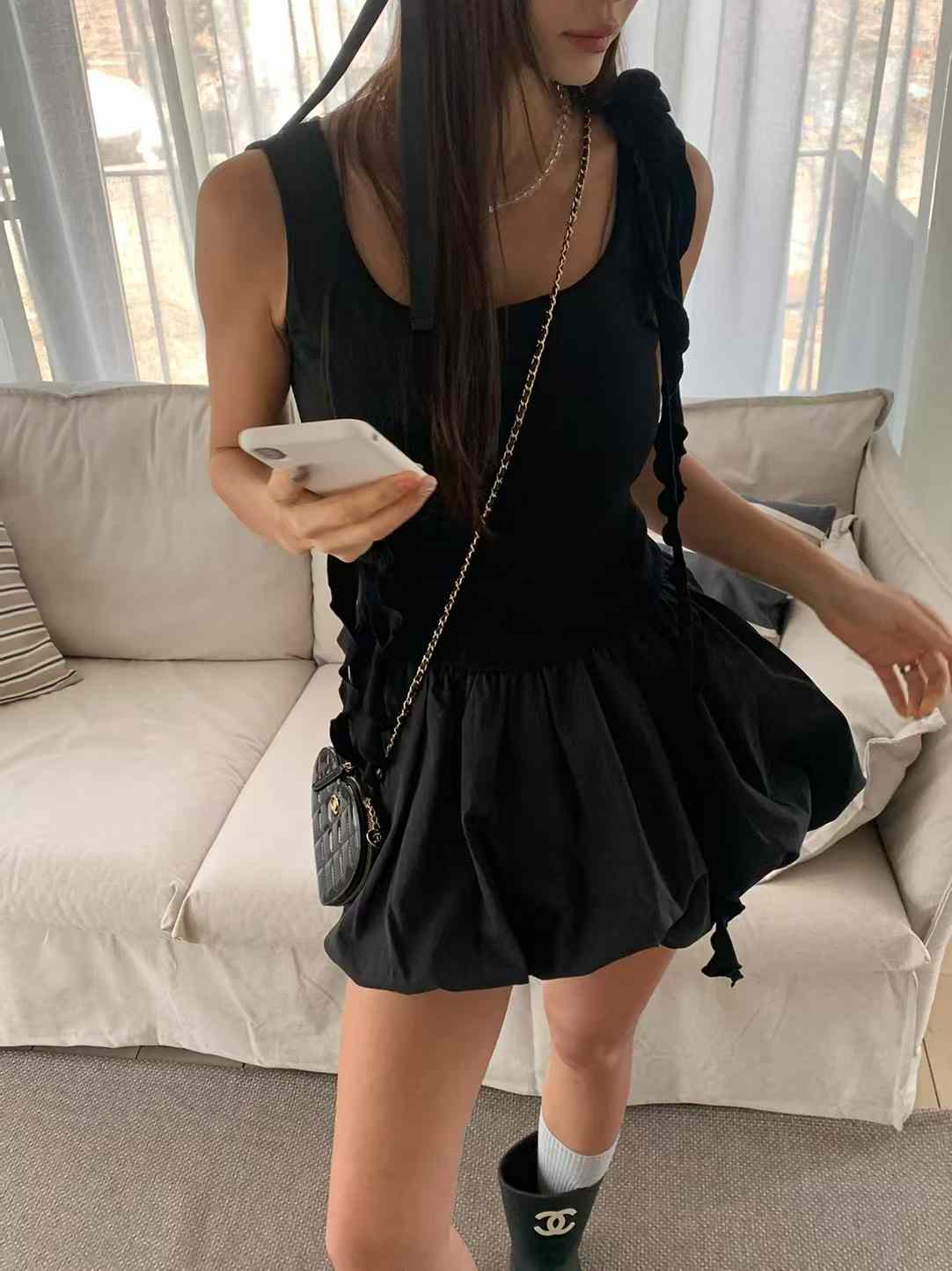 Round Neck Bubble Hem Mini Dress