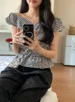 Black Gingham Print Frill Sleeve Top