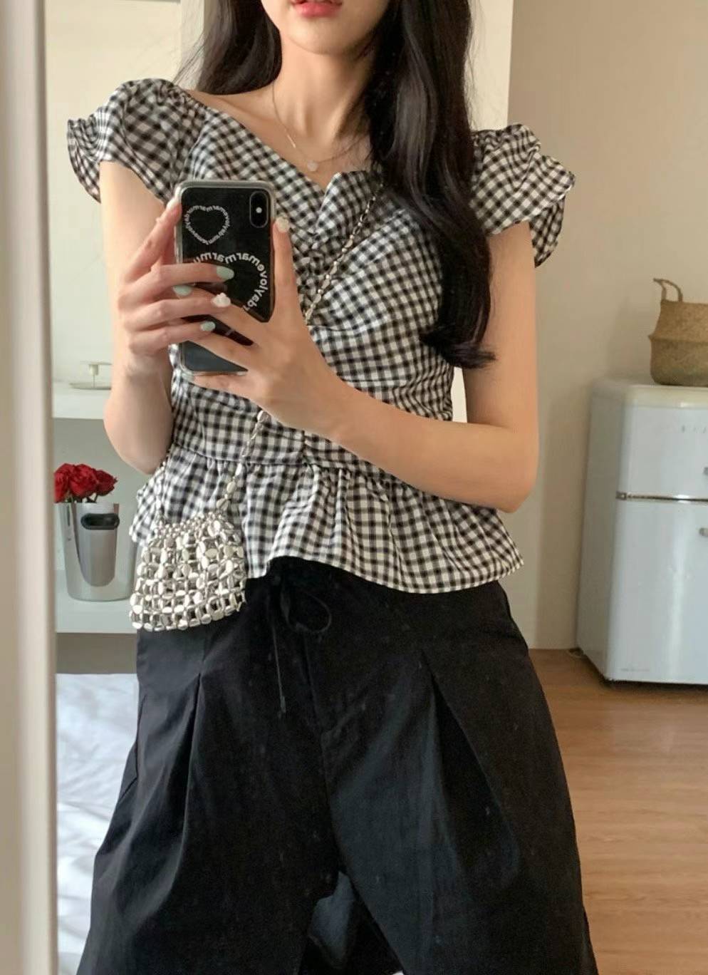 Black Gingham Print Frill Sleeve Top